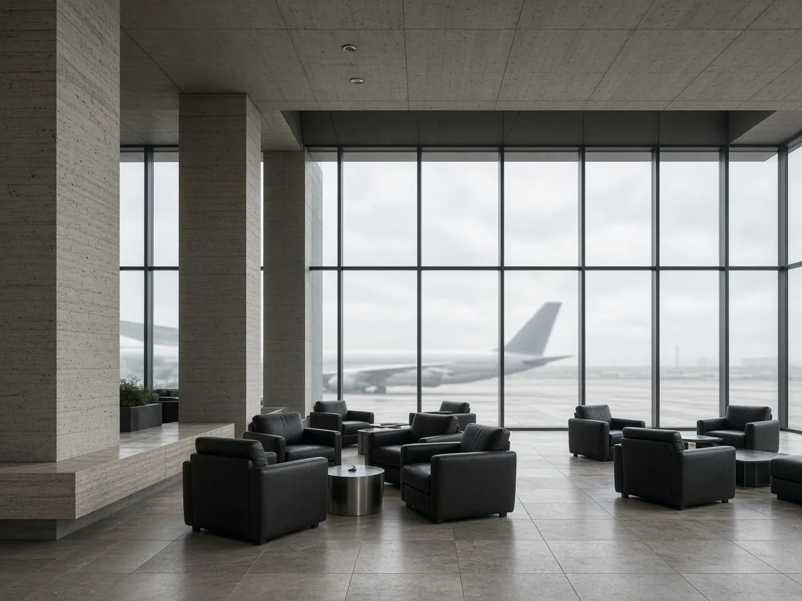 Sala VIP de aeroporto vazia, com poltronas de couro escuro e fachada de vidro voltada para a pista