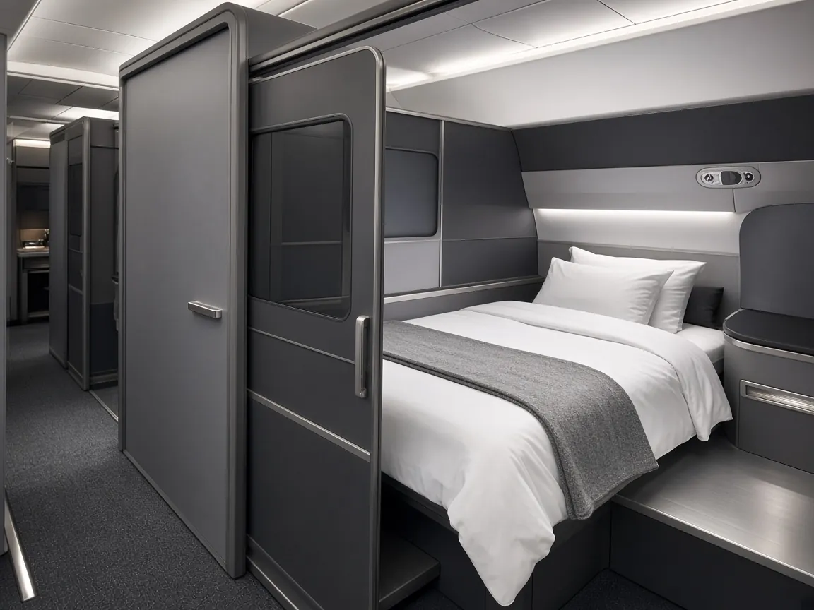 Suíte business com porta de correr e cama plana arrumada com lençóis brancos
